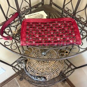 Platania Red Studded Leather Wristlet Clutch